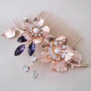 Purple Floral Wedding Comb, Lavender Flower Headpiece for Bride, Bridesmaids, Crystal Bridal Comb, Gold Wedding Hair Accessory