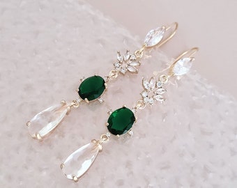 Gold Emerald Earrings for Bride, Green Crystal Earrings for Bridesmaids, Drop Earrings for Nature Wedding, Long Dangle Earrings for Gift