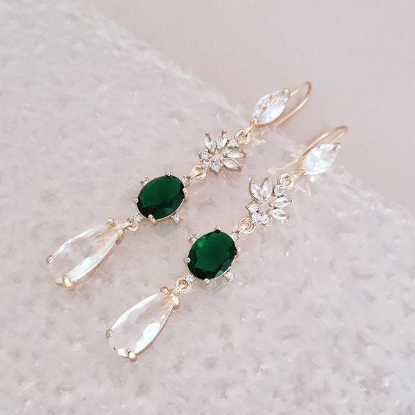 Gold Emerald Earrings for Bride, Green Crystal Earrings for Bridesmaids, Drop Earrings for Nature Wedding, Long Dangle Earrings for Gift