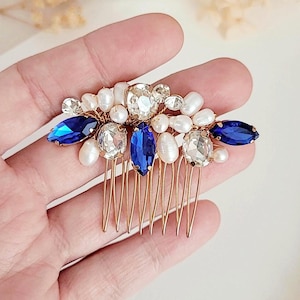 Blue Pearl Bridal Hair Comb, Sapphire Headpiece for Bride, Bridesmaids, Wedding, Natural Pearl Hairpiece, Bridesmaid Gift, Blue Jewelry