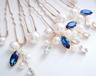 Blue Wedding 7 Hair Pins Set, Sapphire Bridal Pearl Headpiece for Brides, Bridesmaids, Blue, Green Hair Jewelry,Prom Pearl Hair Jewelry