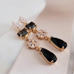 Black Bridal Earrings, Crystal Earrings for Brides, Bridesmaids, Black Wedding Jewelry, Black Gold Earrings Necklace Set, Gift for Her