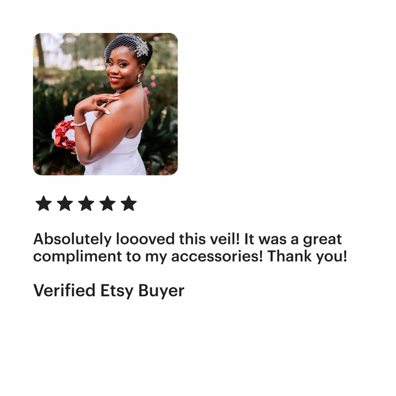 May include: A woman wearing a white wedding dress and a birdcage veil with a floral headpiece. She is holding a bouquet of red flowers. The image has a five-star rating and the text "Absolutely loooved this veil! It was a great compliment to my accessories! Thank you! Verified Etsy Buyer".