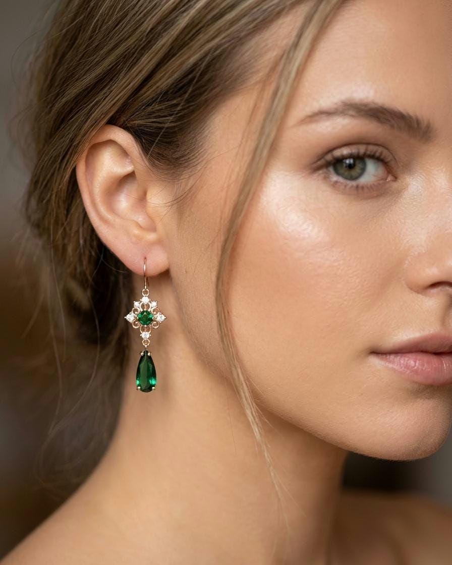 Emerald Green Crystal Earrings, Gold Bridal Jewelry, Bridesmaid Gift, Wedding Guest Accessory