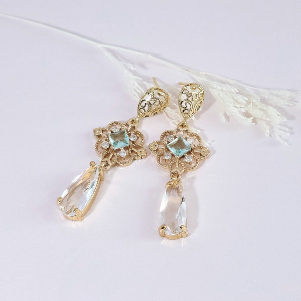 Blue Earrings for Bride, Aqua Earrings Necklace Bracelet Set for Wedding, Elegant 18k Gold Drop Earrings, Long Dangle Earrings for Gift