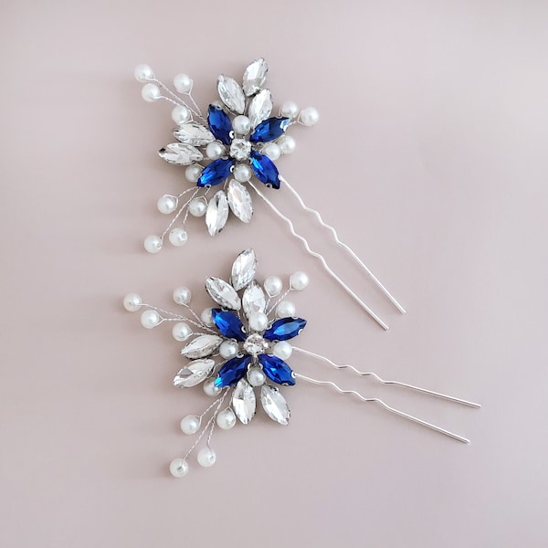 Blue Sapphire Bridal Hair Pin Set, Wedding Pearl Hair Piece for Brides, Bridesmaids Blue, Green, Red Hairpins Head Jewelry,  2 Hairpins Set