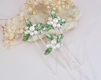 Sage Green Bridal Hair 3 Pins Set, Wedding Pearl Hair Accessories for Brides, Light Green Bridesmaids Hairpins Head Jewelry