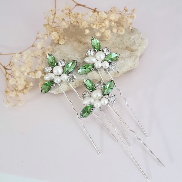 Sage Green Bridal Hair 3 Pins Set, Wedding Pearl Hair Accessories for Brides, Light Green Bridesmaids Hairpins Head Jewelry