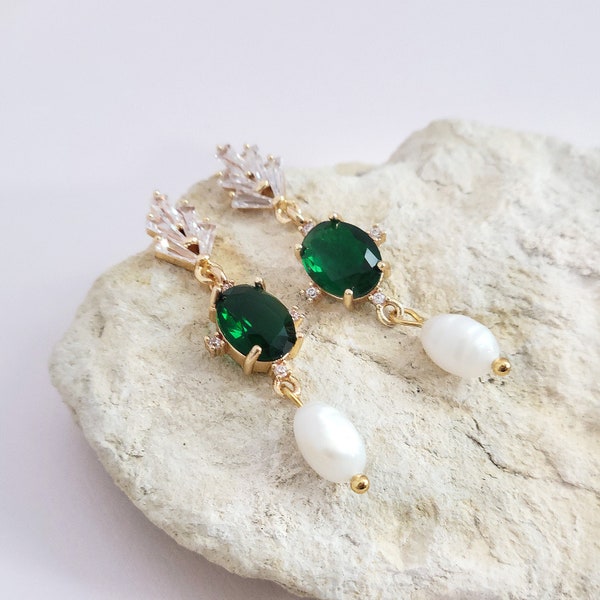 14K Gold Emerald Earrings for Bride, Natural Pearl Earrings for Bridesmaids, Green Earrings for Weddings, Long Dangle Earrings for Gift