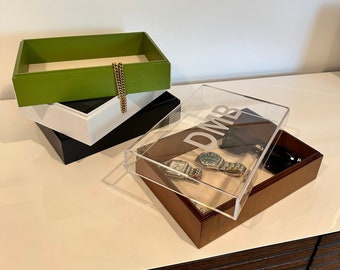 Housewarming Gift, Personalized Wood Valet Box and Catchall, solid wood base, acrylic top, Gifts for Boyfriend, monogrammed jewelry box