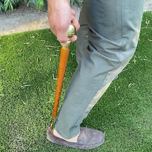 Brass and Teakwood 24&quot; Shoe Horn, Solid brass shoe tongue and handle, Cleaning Sponge and Hanging Hook Built in, Grandfather Gift, Dad Gift