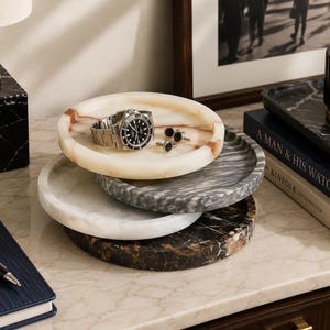 Personalized Genuine Marble Tray, 9” Round Catchall Dish for Jewelry, Keys, Watches & Home Décor, Luxury Gift for Him or Her, Housewarming