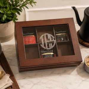 Personalized Solid Wood Tea Box with Etched Glass Lid | 6 Compartment Tea Organizer | Custom Tea Storage Gift | 9.25 x 7 x 3.25