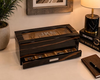 Personalized Luxury Watch Box with Drawer | 5 Watch Display Case | Glass Top Watch Organizer | Ring & Cufflink Storage | Gift for Men