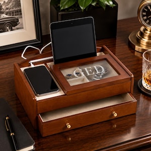 Personalized Solid Wood Bedside Valet | Charging Station Organizer | Phone, Wallet, Watch & Jewelry Holder | Nightstand Dock with Drawer