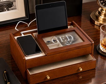 Personalized Solid Wood Bedside Valet | Charging Station Organizer | Phone, Wallet, Watch & Jewelry Holder | Nightstand Dock with Drawer