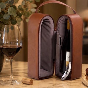 Personalized Leather Double Wine Carrier | Genuine Leather Wine Tote | Two Bottle Wine Caddy | Wine Gift Carrier with Corkscrew