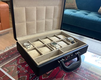 Custom Personalized Leather Briefcase Watch Box, Watch Storage, Travel Watch Case, Luxury Watch Storage Case, Gift for Watch Lover, guy gift