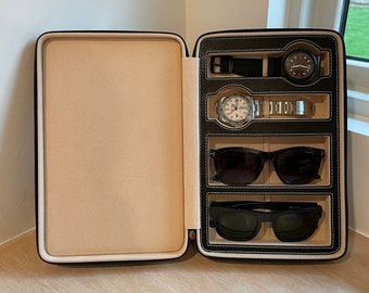 Personalized Leather Travel Watch and Sunglass Storage Leather Valet Travel Watch Case Sunglass Storage Custom Travel Case father s Day