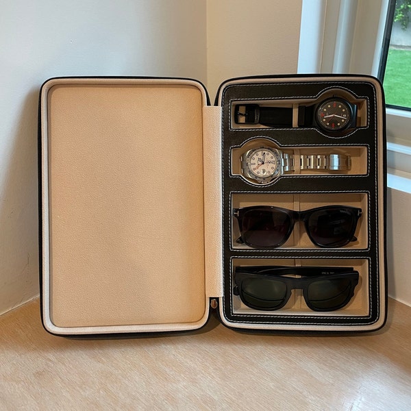 Personalized Leather Travel Watch and Sunglass Storage, Leather Valet, Travel Watch Case, Sunglass Storage, Custom Travel Case, father's Day