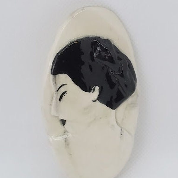 Vintage Handmade Porcelain Raised Relief Geisha Woman Oval Cameo Brooch, Beautiful Asian Woman Profile Brooch