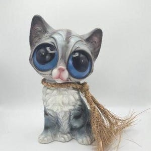 Vintage Enesco Please Call The Humane Society Big Sad Eyed Striped Tabby Cat Kitten Coin Bank