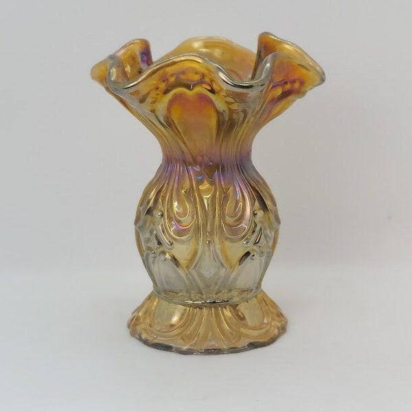 Vintage Imperial Iridescent Brown Smoke Rococo Ruffled Carnival Glass Vase