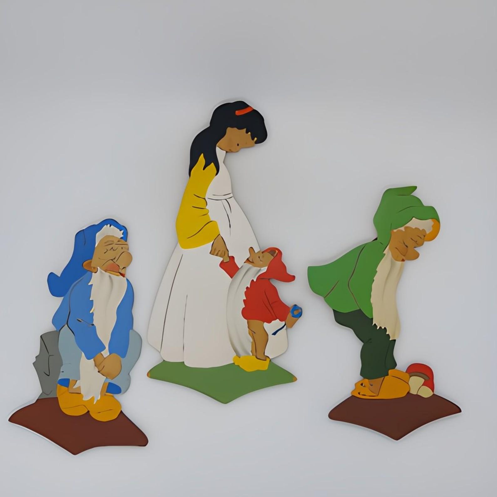 Lot of 3 Vintage Wooden Mertens Kunst Schneewittchen Germany Snow White with Two Dwarfs Gnomes Wall Plaques Hangers