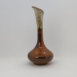 May include: A brown ceramic vase with a white and brown speckled design on the neck. The vase has a rounded base and a long, slender neck.