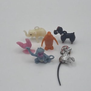 Lot of 6 1940s Vintage Miniature Plastic Animal Cracker Jack Toys Gum Ball Prizes, Elephant, Poodle, Chicken, Monkeys, and Penguin