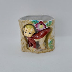 Vintage Made in Japan Big-Eyed Cricket Pixie  Elf in Tree Trunk Ceramic Planter