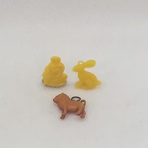 Lot of 3 Antique 1940s Celluloid Rabbit Bunny, Lion, and Monkey Cracker Jack Gumball Prize Charms, Made in Japan
