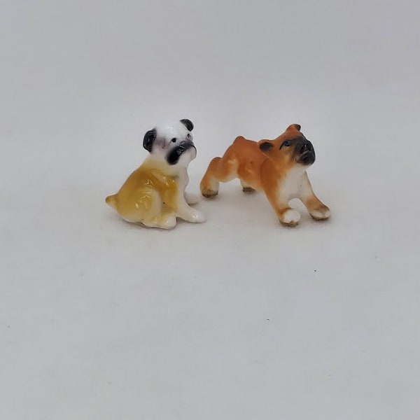 Lot of 2 Vintage Bone China Bug House Miniature Bulldog and Boxer Dog Figurines