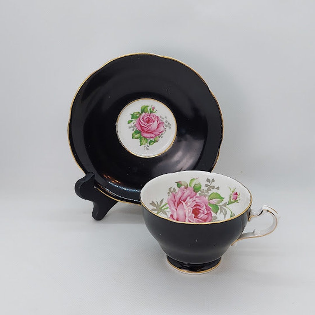 Vintage Lawley England Adderley Bone China Black With Pink Cabbage