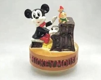 Vintage Made in Japan Disney Mickey Mouse Playing Piano, Cinderella Mice, Rotating Musical Figurine Music Box, Mickey Mouse Theme Song