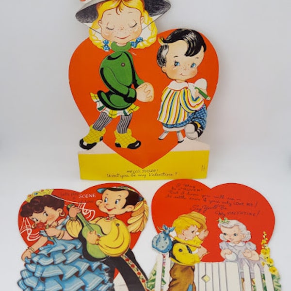 Lot of 3 Vintage Extra Large Mechanical Stand Up Valentines' Day Cards Flamenco Dancer Guitar Player, Little Hobo Boy