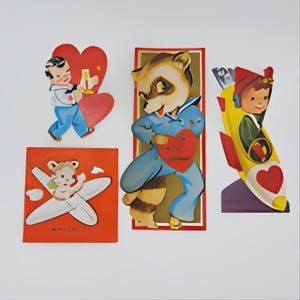 Lot of 4 Vintage Die Cut Anthropomorphic Military Navy Airplane Air Force Spaceman Children&#39;s Valentine&#39;s Day Cards