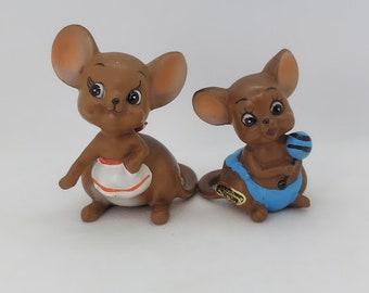 Lot of 2 Vintage Josef Originals Anthropomorphic Momma Mouse with Apron and Baby Mouse with Rattle Figurines
