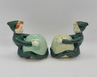 Vintage Made in Japan Elf Holding Eggs or Globes Salt and Pepper Shakers, Pixie Shakers, Handpainted