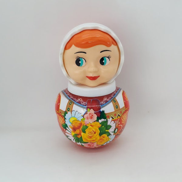 Vintage Russian Matryoshka Style Roly Polly Celluloid Doll Musical Tumbler Toy, USSR Musical Chimes Tumbler Children's Toy