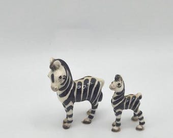 Lot of 2 Vintage Retired Hagen Renaker Miniature Zebra Mama and Zebra Baby, A-174, A-173