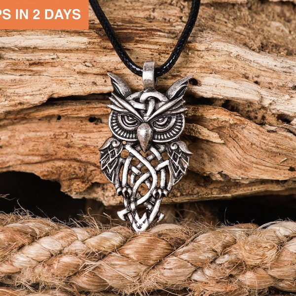 Viking Owl Pendant Necklace by Haquil • Celtic Jewelry with Leather Cord • Norse Owl Knotwork Pendant Necklace • Jewelry for Men and Women