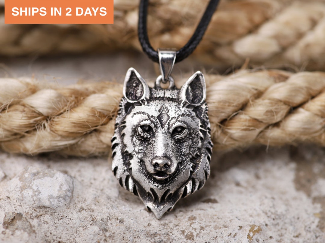 Wolf Head Necklace With Leather Cord Chain Celtic Viking Etsy