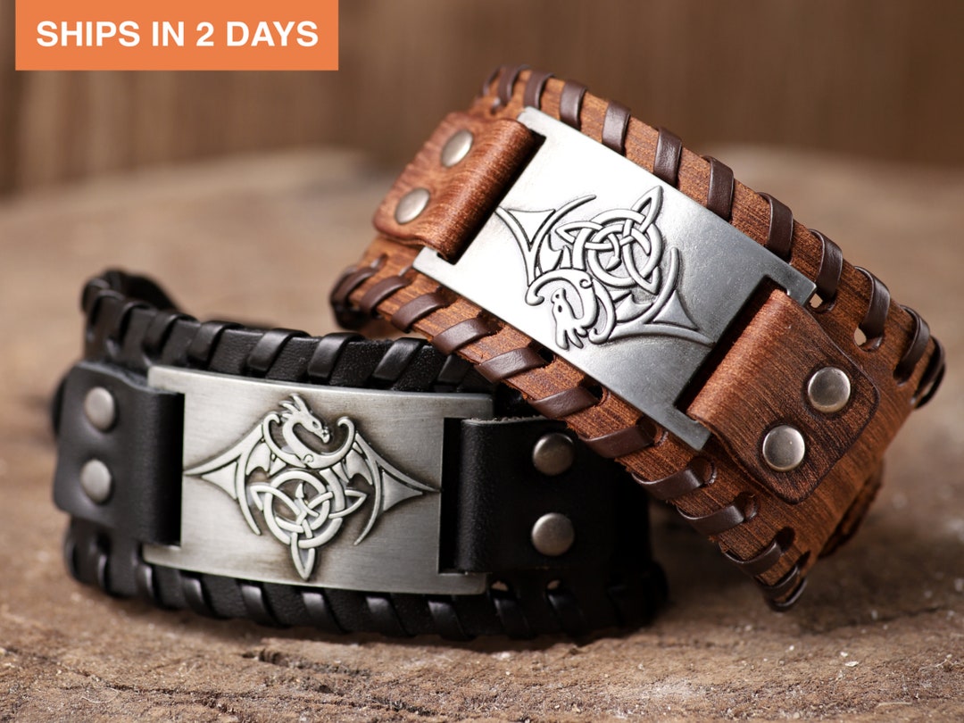 Dragon Leather Bracelet by Haquil Viking Wiccan Black Brown Wristband