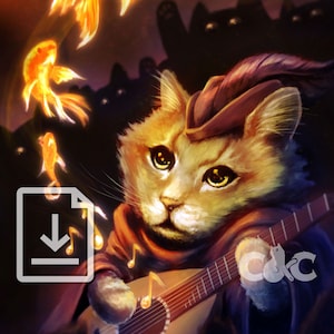 May include: A ginger cat wearing a purple hat and a brown cloak plays a lute. The cat has a sad expression on its face. The background is dark with a few golden fish swimming around the cat.