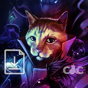 Könnte beinhalten: Ein digitales Gemälde einer Katze mit einem lila und blauen Fell, die ein schwarzes und rotes Halsband trägt. Die Katze ist umgeben von einem schwarzen Raben, einer schwarzen Ratte und einer schattenhaften Gestalt im Hintergrund.