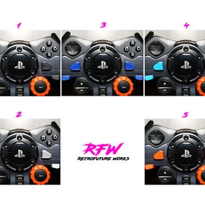 May include: Six different variations of a black PlayStation controller with custom face buttons and a knob. The face buttons are in different colours, including blue, orange, and silver. The text "RFW RETROFUTURE WORKS" is visible in the centre of the image.