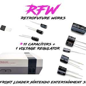 May include: A set of 11 capacitors and 1 voltage regulator for a front loader Nintendo Entertainment System. The set includes a variety of capacitors in different sizes and a black voltage regulator. The text "RFW RETROFUTURE WORKS" is written in pink letters above the components. The text "*11 CAPACITORS + 1 VOLTAGE REGULATOR" is written in pink letters below the components. The text "FOR: FRONT LOADER NINTENDO ENTERTAINMENT SYSTEM" is written in pink letters below the Nintendo Entertainment System.