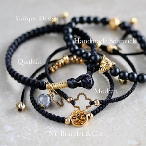 Bracciale portafortuna intrecciato a mano, braccialetto impilabile, braccialetto macramè nero, idea regalo speciale per le donne, design elegante e sofisticato