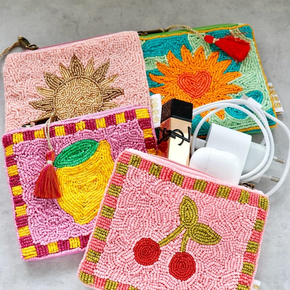 Bestickter Perlenbeutel, bunte Kosmetiktasche klein, Mini Kulturbeutel, Münztäschchen, Geschenkidee für Frauen & Mädchen